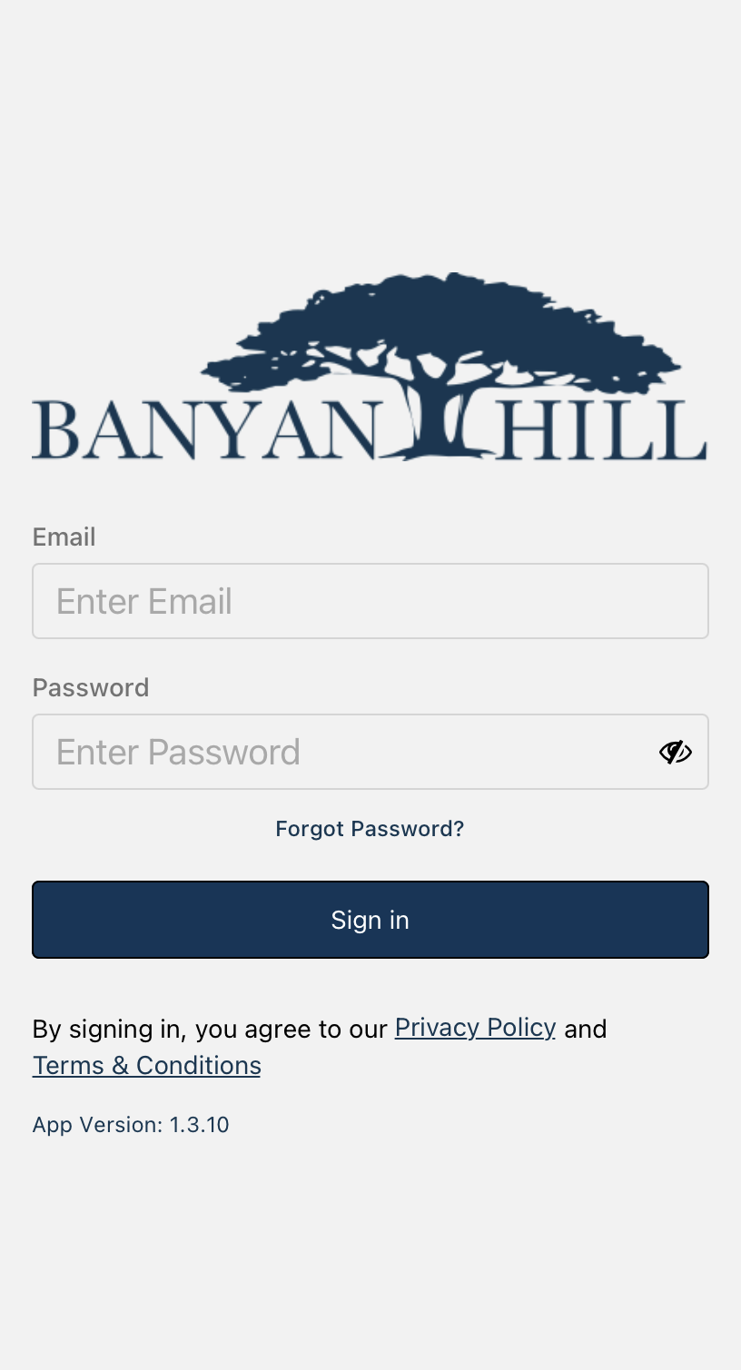 Screenshot of the Banyan Hill mobile app login screen.