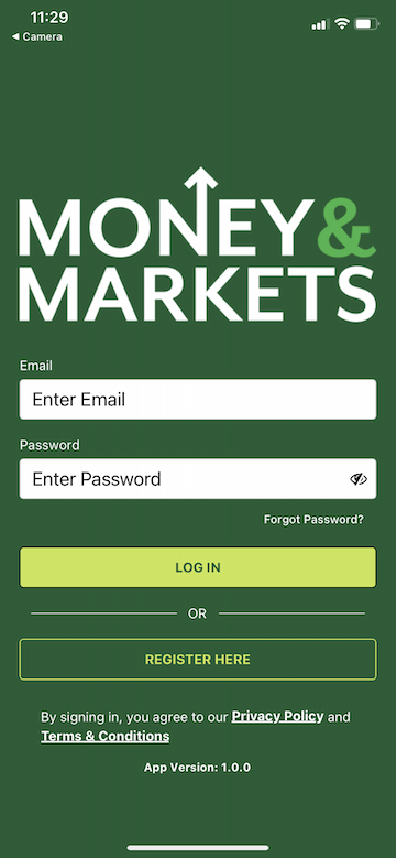 Screenshot of the Money & Markets mobile app login screen